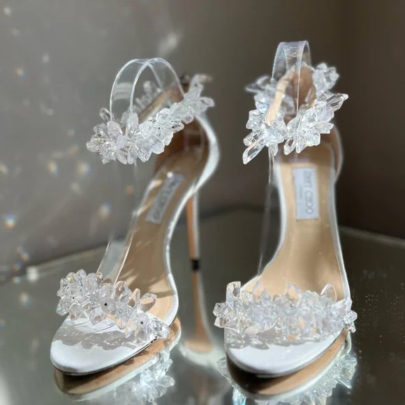 Like new Jimmy Choo White Maisel 100 Crystal Embellished Leather Sandals 41 - Picture 7 of 16